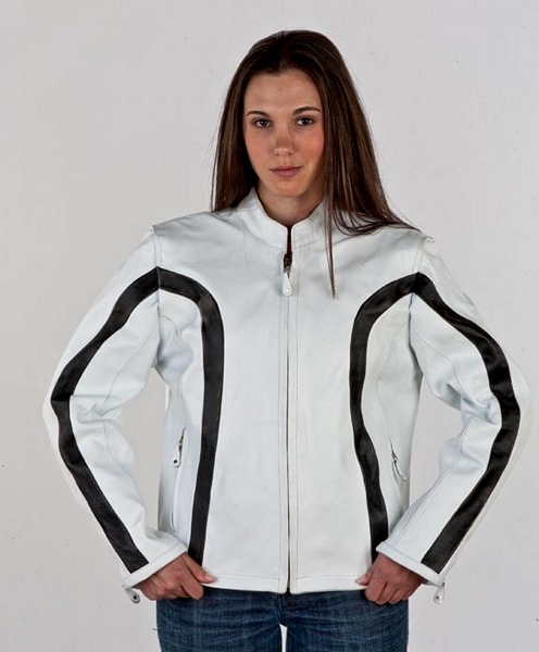 Womans leather white w black stripe jacket Item LJ236-white