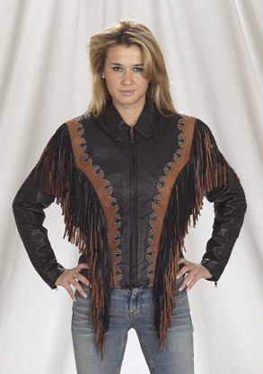 Womens black and brown studded fringe leather jacket LJ258