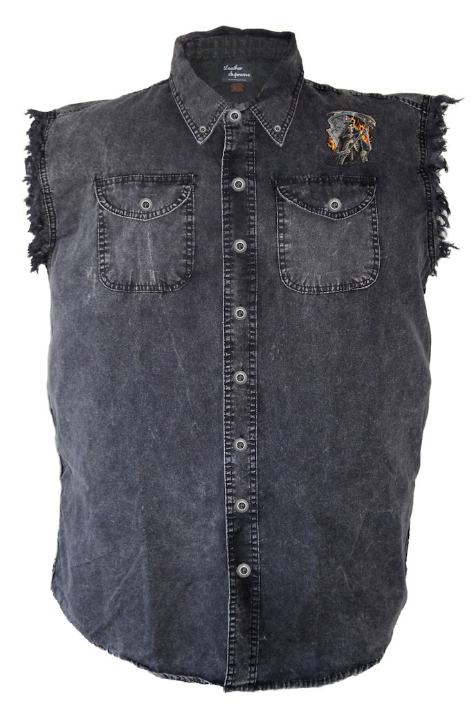 Mens Grim Reaper Tombstone Flames Denim Sleeveless Cutoff
