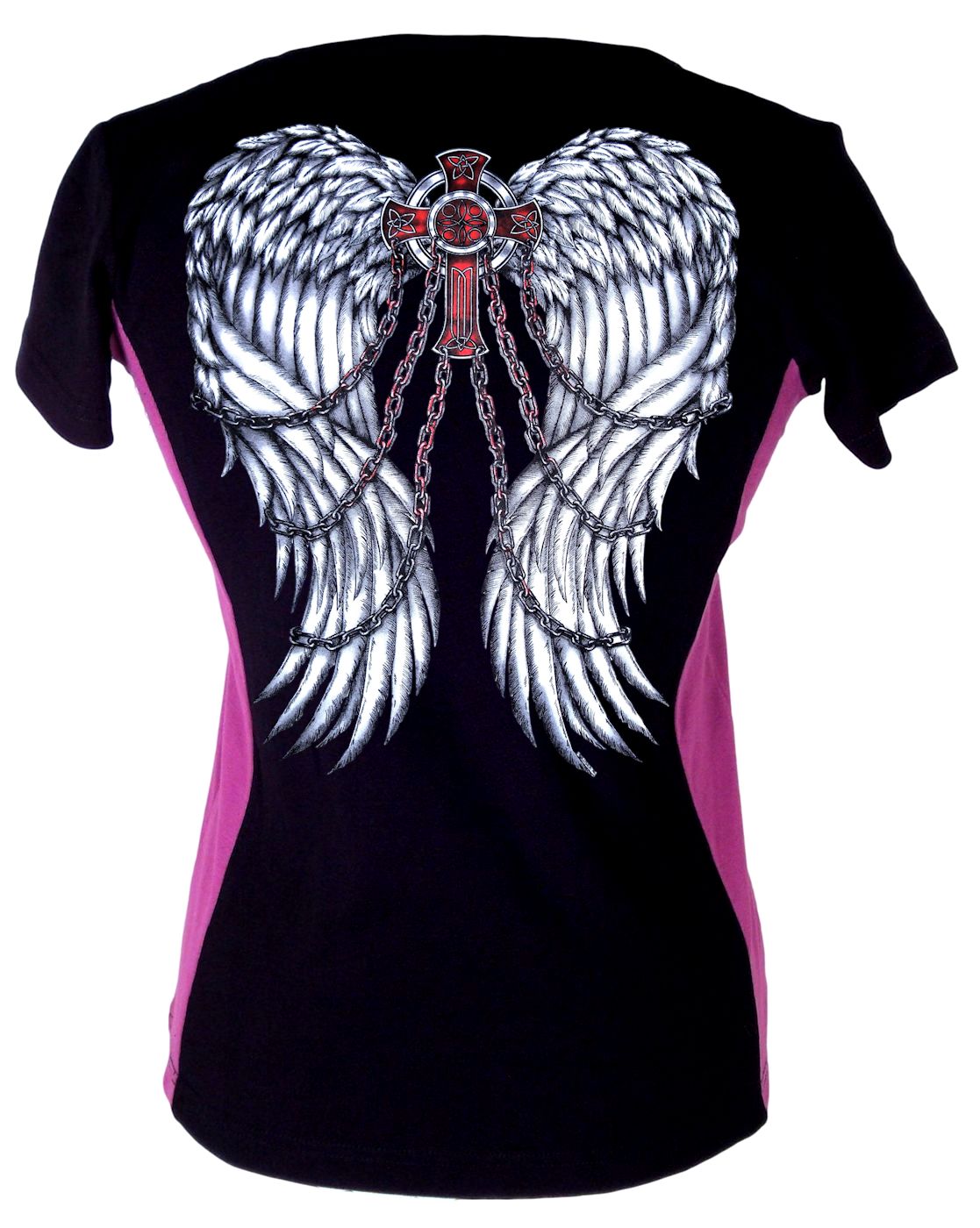 Womens Goth Fallen Angel Chained Wings Two Tone Purple T-Shirt Ladies Tee