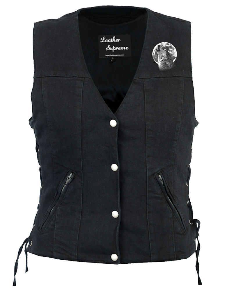Womens Concealed Carry Denim Biker Vest W Howling Wolves Wolf Pack