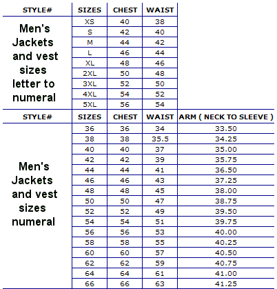 Jacket Number Size Chart