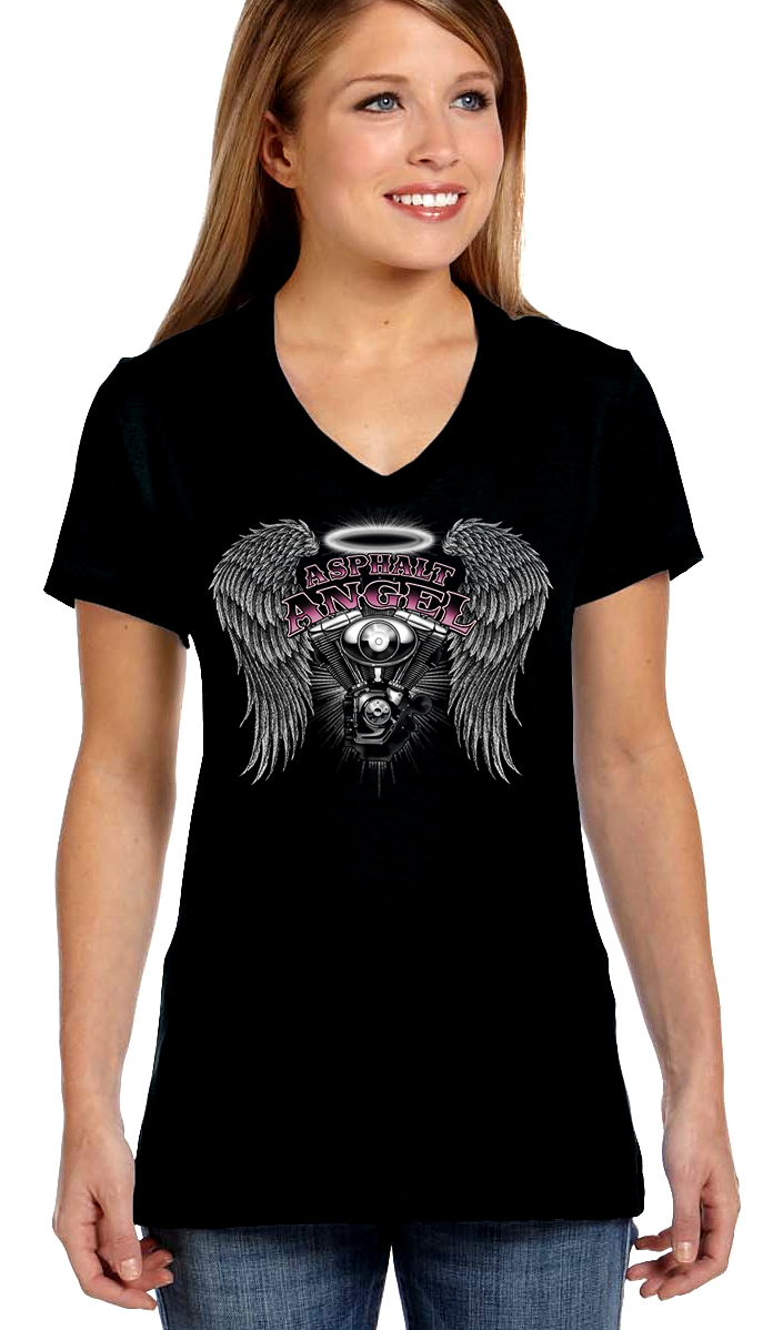 Womens Asphalt Angel Motorcycle Wings Halo Lady Biker V-Neck Tee Shirt ...