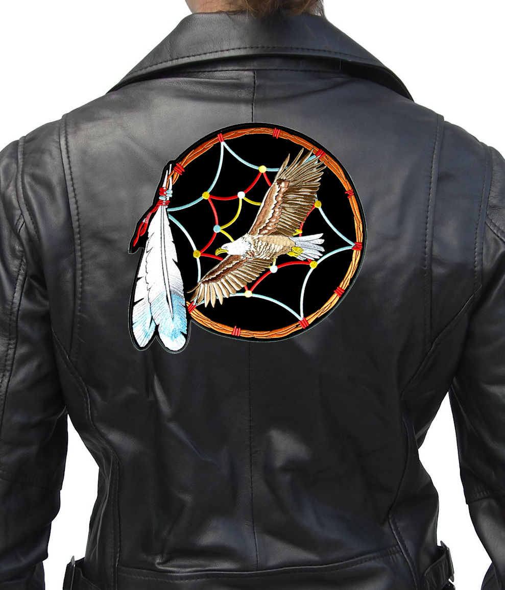 Black Velveteen Eagle In A Dreamcatcher With Feathers Indian Biker Uniform Patch 