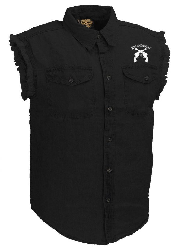 mens black denim twill biker shirt second amendment front