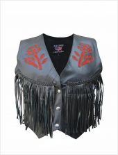 ladies red rose leather vest with fringe