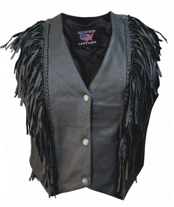 ladies black leather vest with fringe and braid