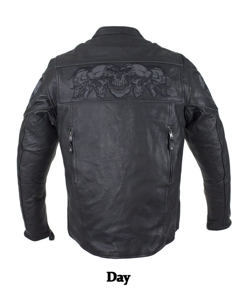Mens Reflective Skulls Conceal Carry Leather Motorcycle Jacket MLSJ23