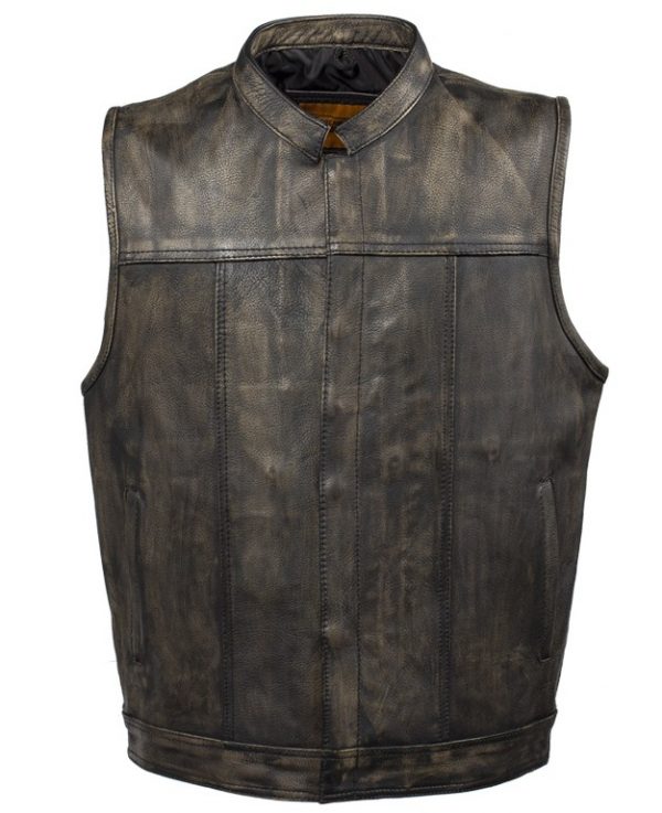 mens distressed brown leather vest front