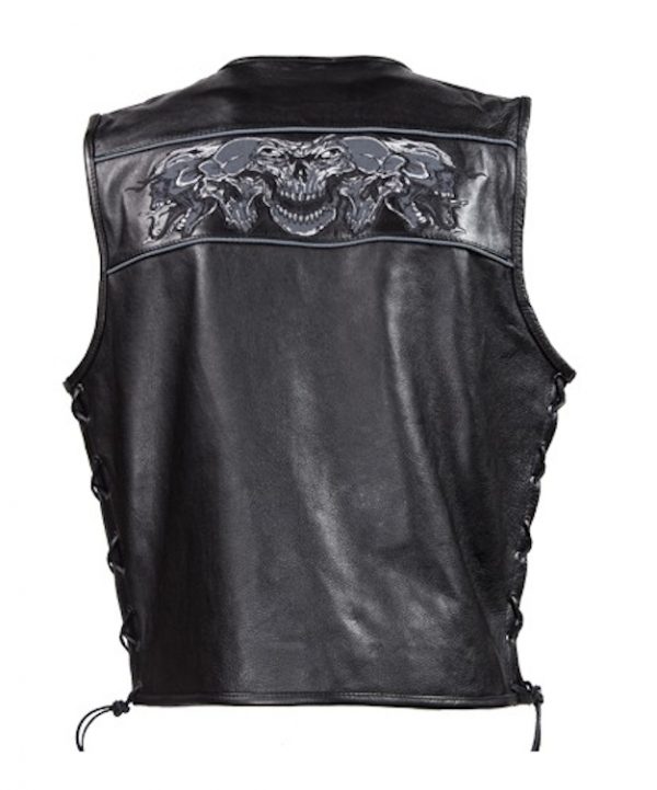 mens leather vest reflective skull