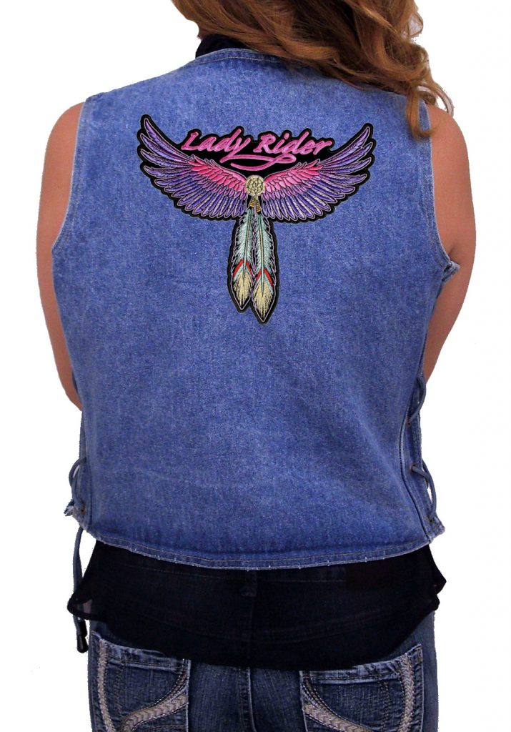 Womens Blue Denim Vest W Side Laces, Lady Rider Feathers Patch WLSDV3