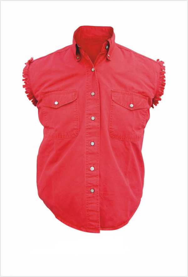 mens red denim sleeveless shirt