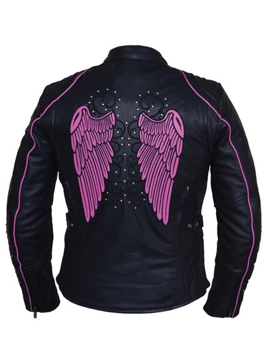 womens cowhide leather jacket reflective wings and studs 