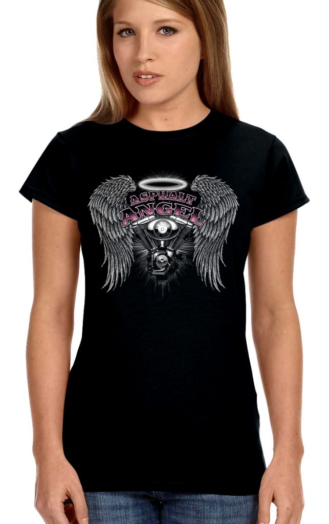 Ladies Asphalt Angel Wings Crew Or V Neck Biker T-Shirt Design 01 ...