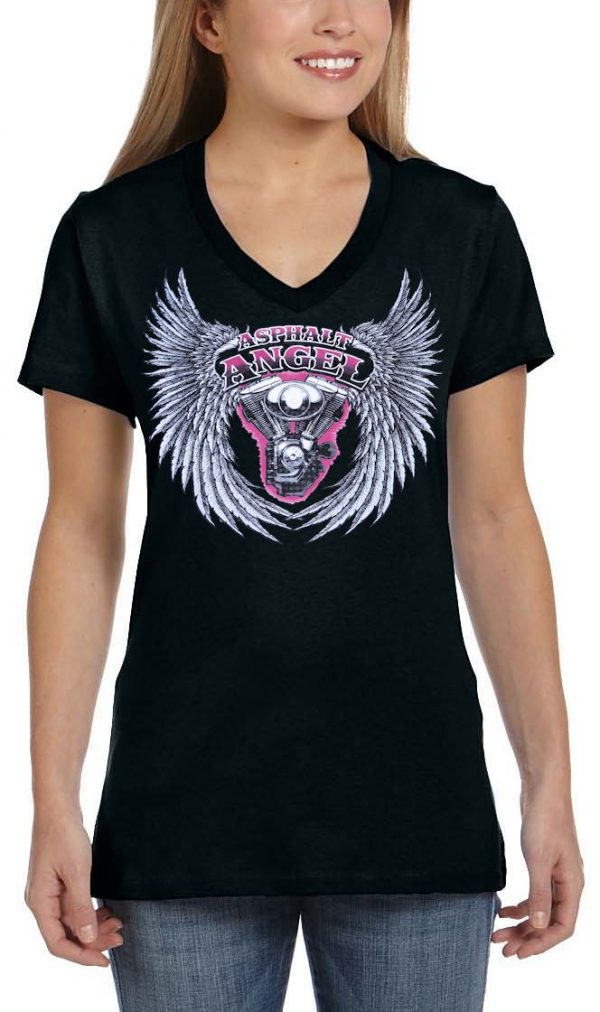 Ladies Asphalt Angel Wings Crew Or V Neck Biker T Shirt Design 01 Leather Supreme 2713