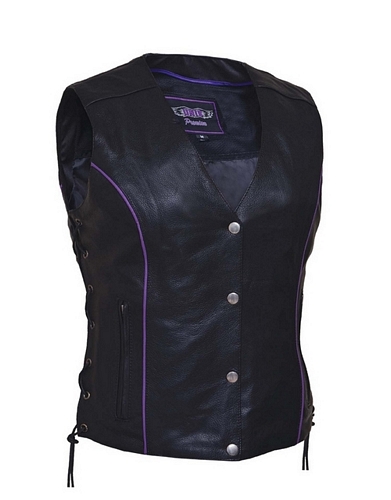 Ladies leather vest with purple wings design