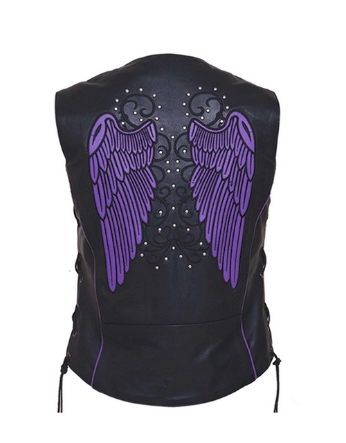 Ladies leather vest with purple wings design