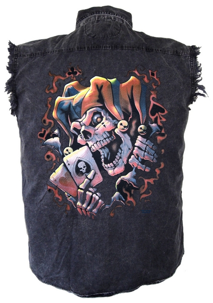 denim cutoff biker shirt with jester design 