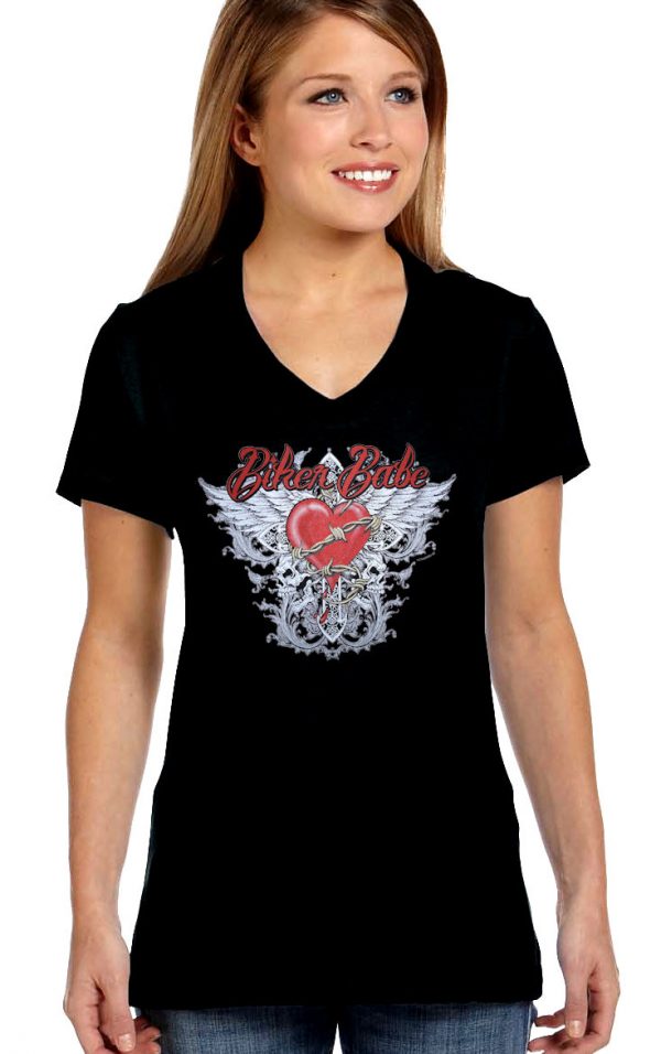 ladies biker babe heart and wings t-shirt