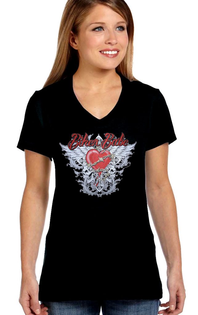 Ladies Biker Babe Heart With Wings Crew or V Neck Biker T-Shirt Design ...