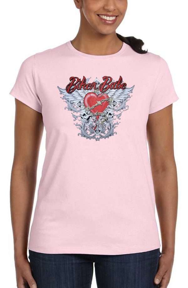 ladies biker babe heart and wings t-shirt