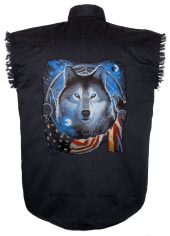 black twill patriotic wolf and flag cutoff biker shirt