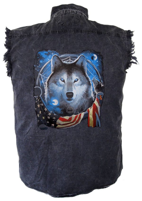 mens denim patriotic wolf and flag cutoff shirt