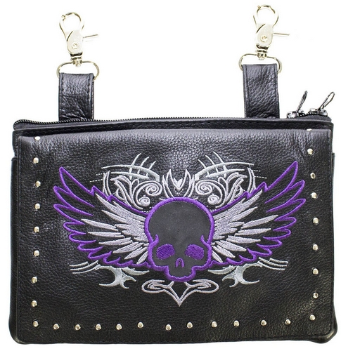 ladies leather purse with purple skull 