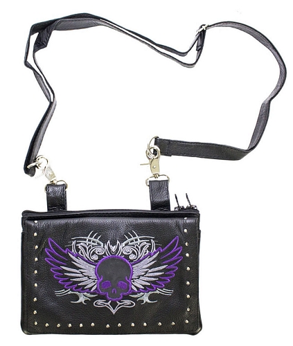 ladies leather bag with purple skull and strap 