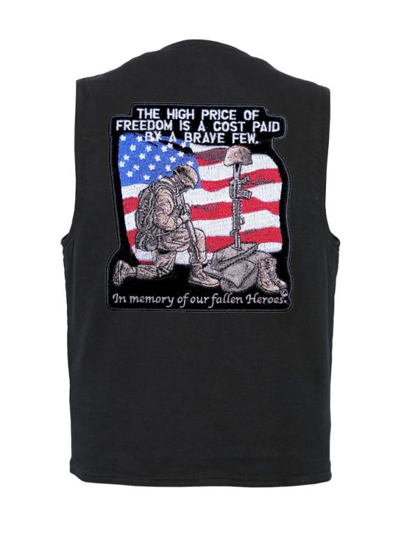 mens denim vest with high price of freedom patch