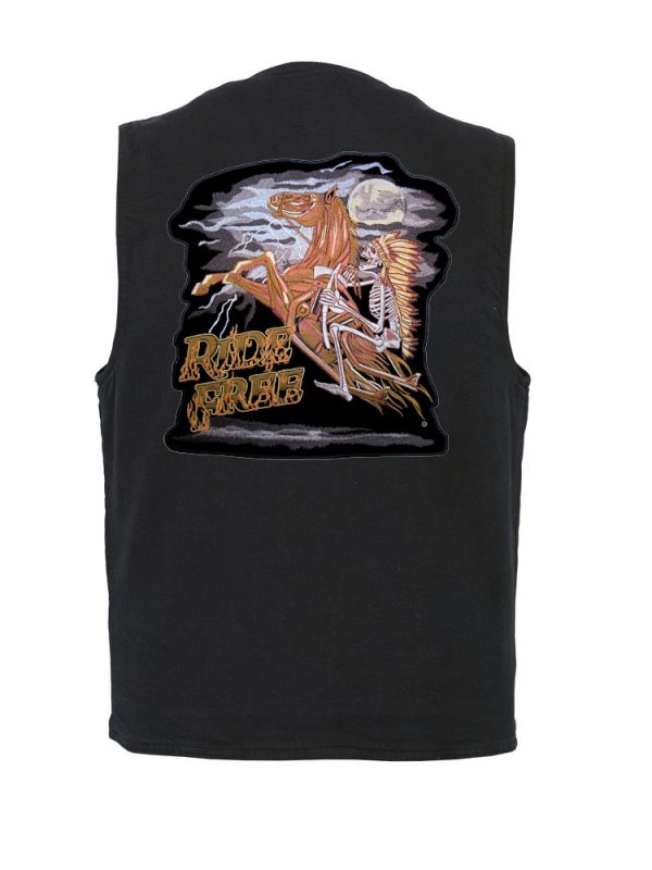 mens denim vest with ride free patch