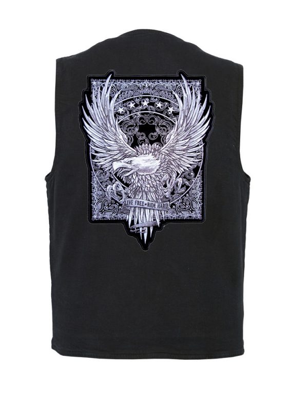 mens denim vest with live free ride hard patch