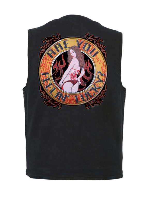 mens denim patch vest with are you feeling lucky patch