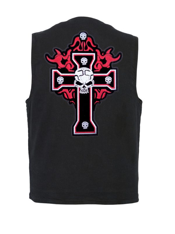 mns denim vest with flaming cross and skulls patch