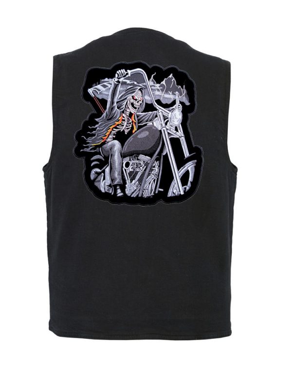 mens denim vest with reaper on motorcycle patch