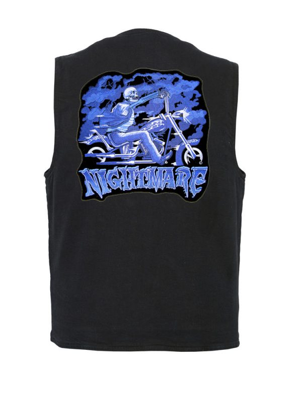 mens denim vest with nightmare skeleton patch