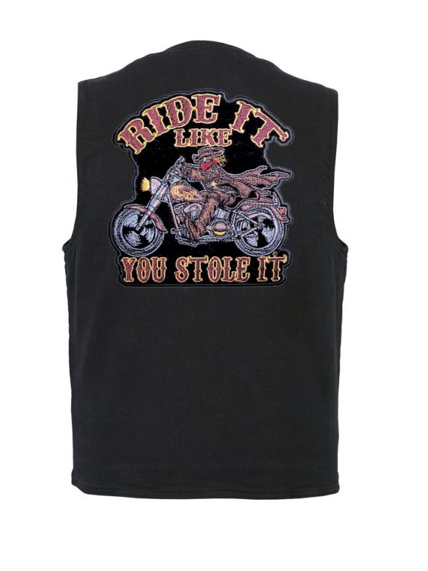 mens denim vest with ride it like you stole it patch