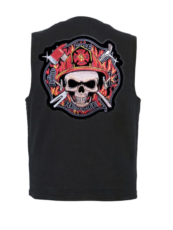 mens denim vest with firefighter skull Maltese patch