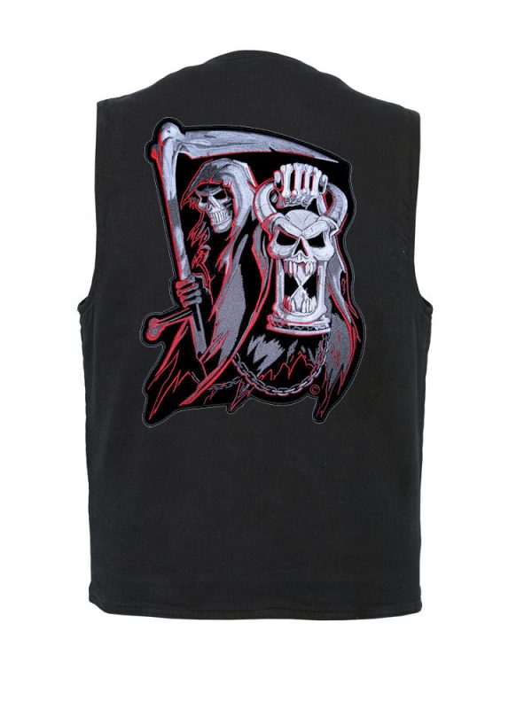 mens denim vest with grim reaper patch