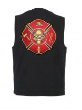 mens denim vest with firefighter Maltese cross patch
