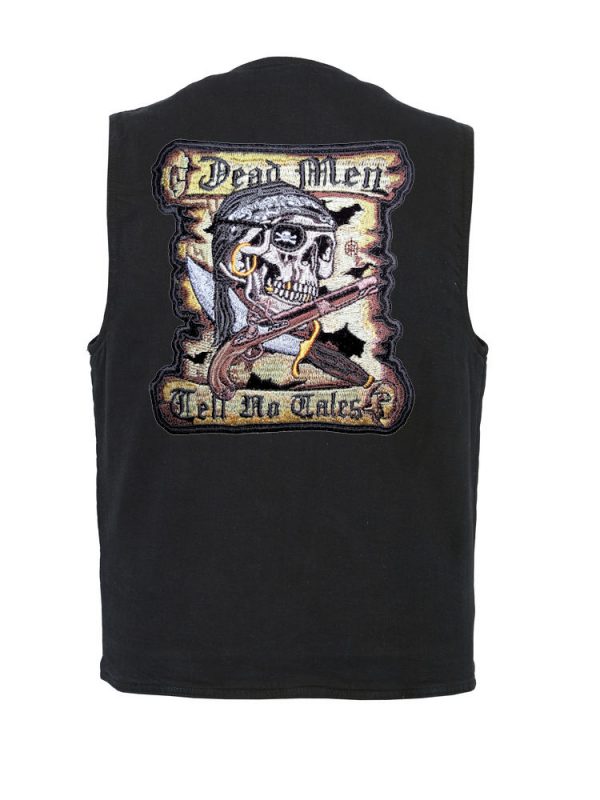 mens black denim vest with dead men tell no tales patch