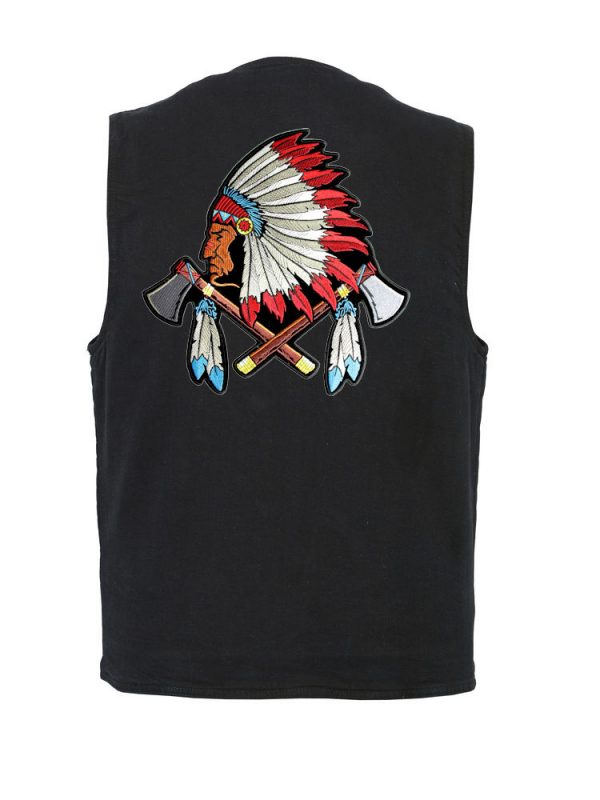 mens black denim vest with Indian tomahawks patch