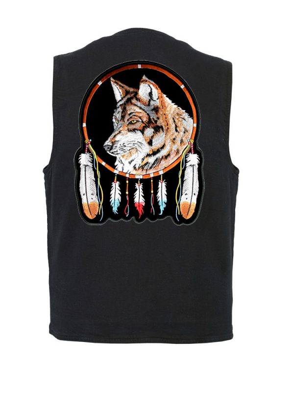 mens black denim vest with wolf feathers biker patch