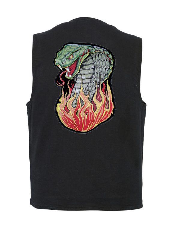 mens black denim vest with hissing cobra biker patch