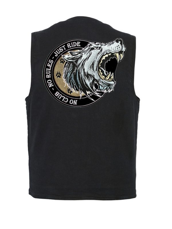 mens black denim vest no rules biker patch