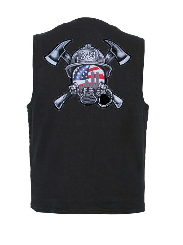 mens black denim vest with 343 helmet patch