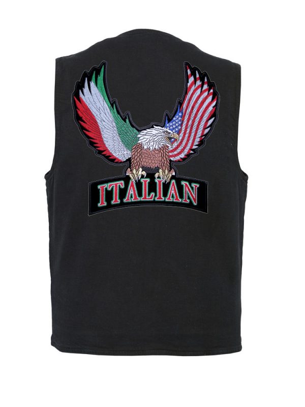 mens black denim vest with Italian eagle patch