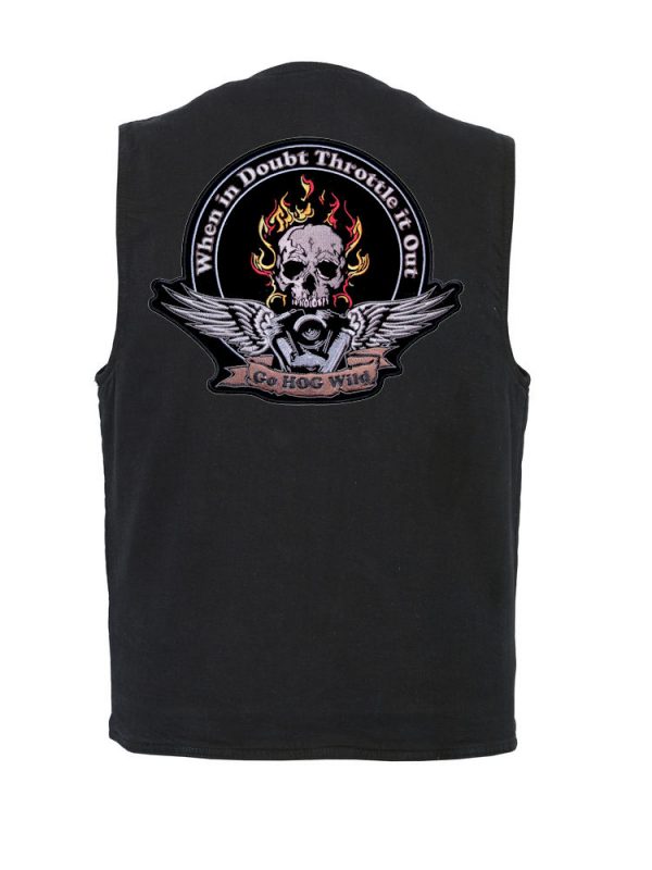 mens denim vest throttle it out biker patch