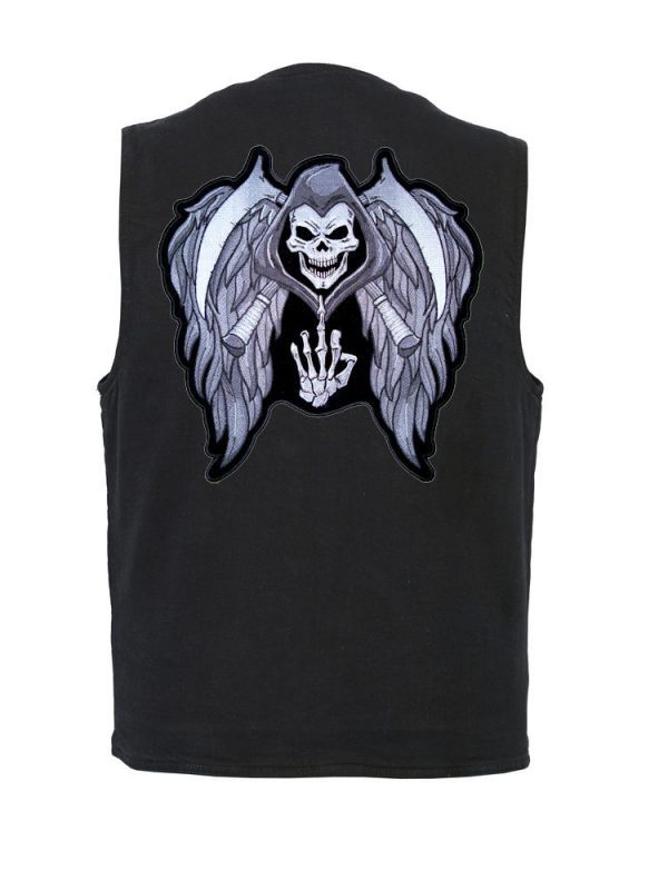 mens black denim vest with grim reaper biker patch