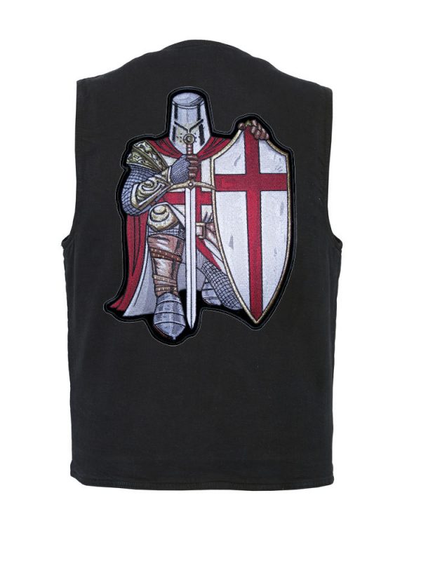 mens black denim vest with red christian crusader biker patch